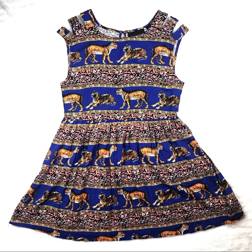 MINKPINK Blue Gold Casual Dress Tiger Print XS